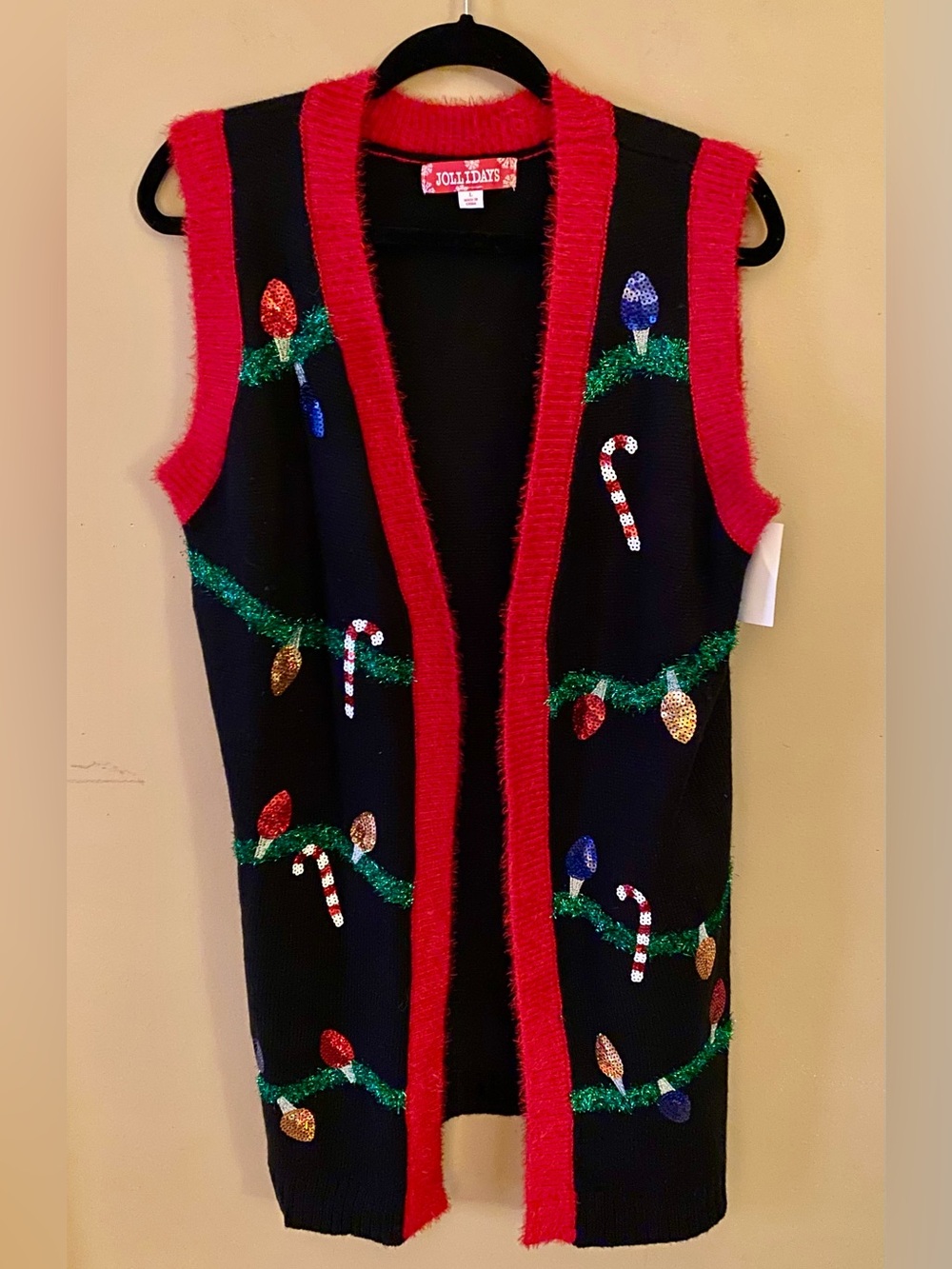 Holidays Long Black Knit Vest with Red Trim